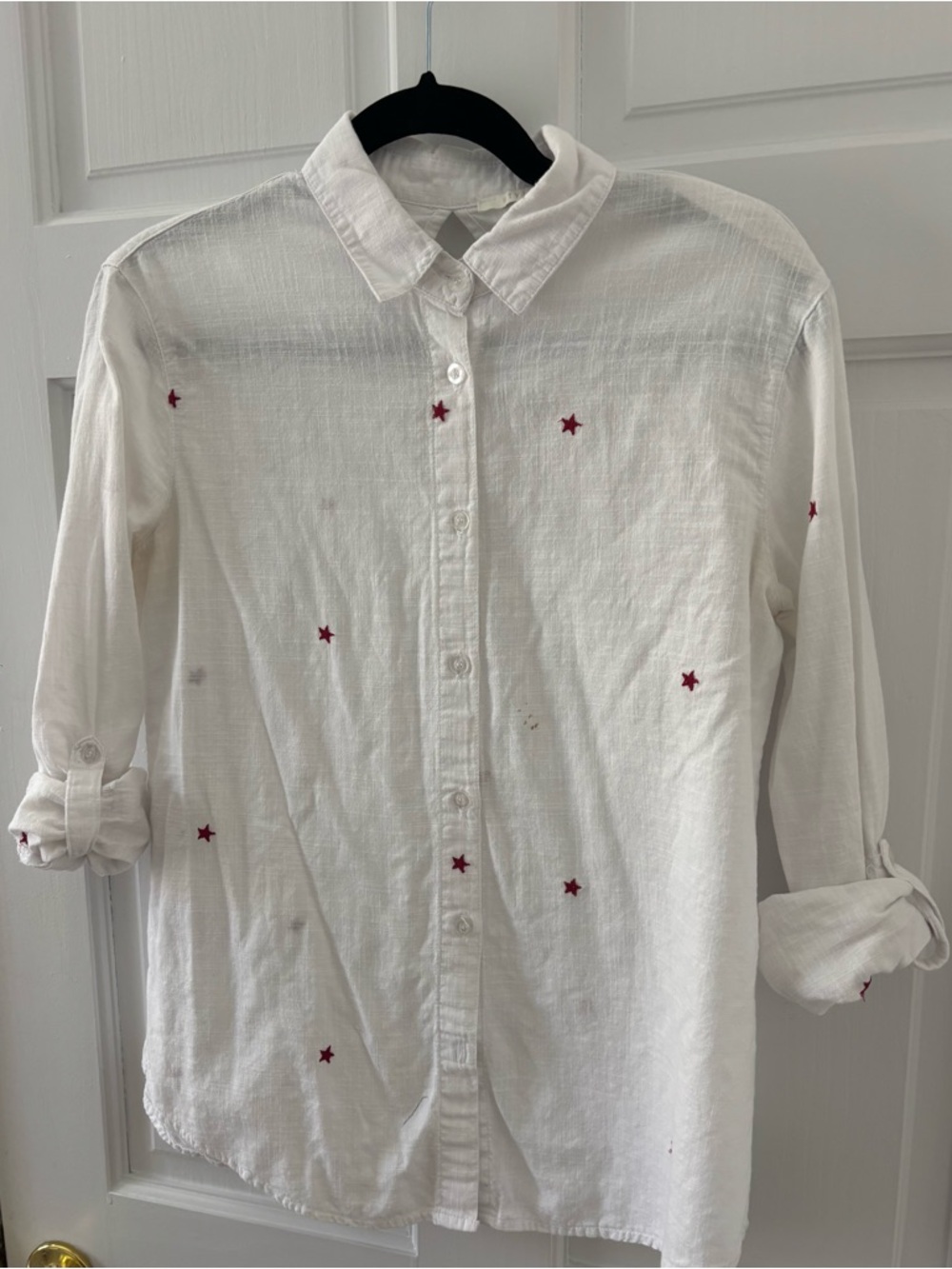 White Button-Up Shirt with Red Star Embroidery
